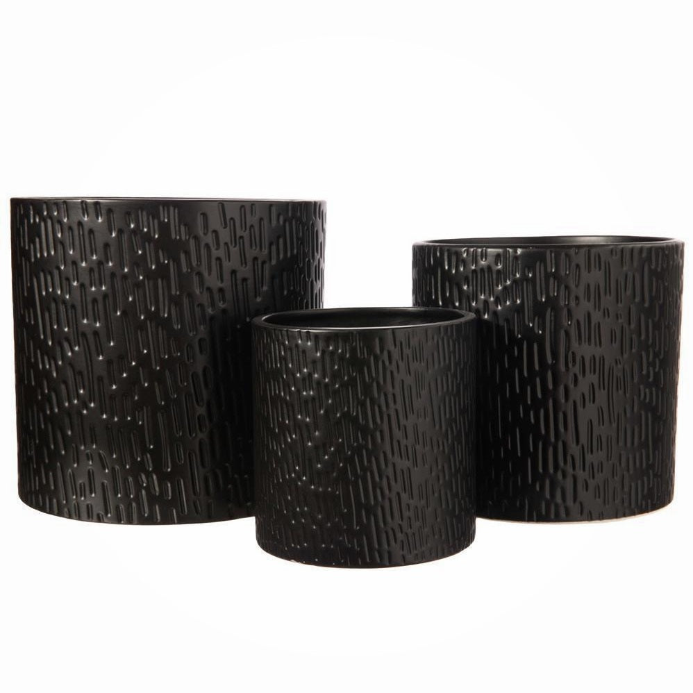 3 Piece Black Ceramic Matte Rain Textured Vases / Planters