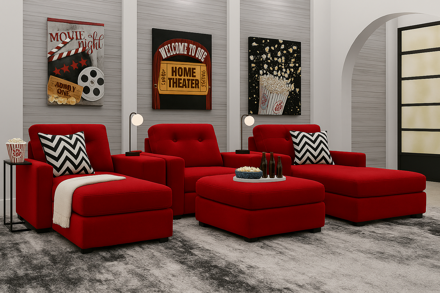 Red sectional sofa in a home theater setting with decorative pillows and movie-themed decor.