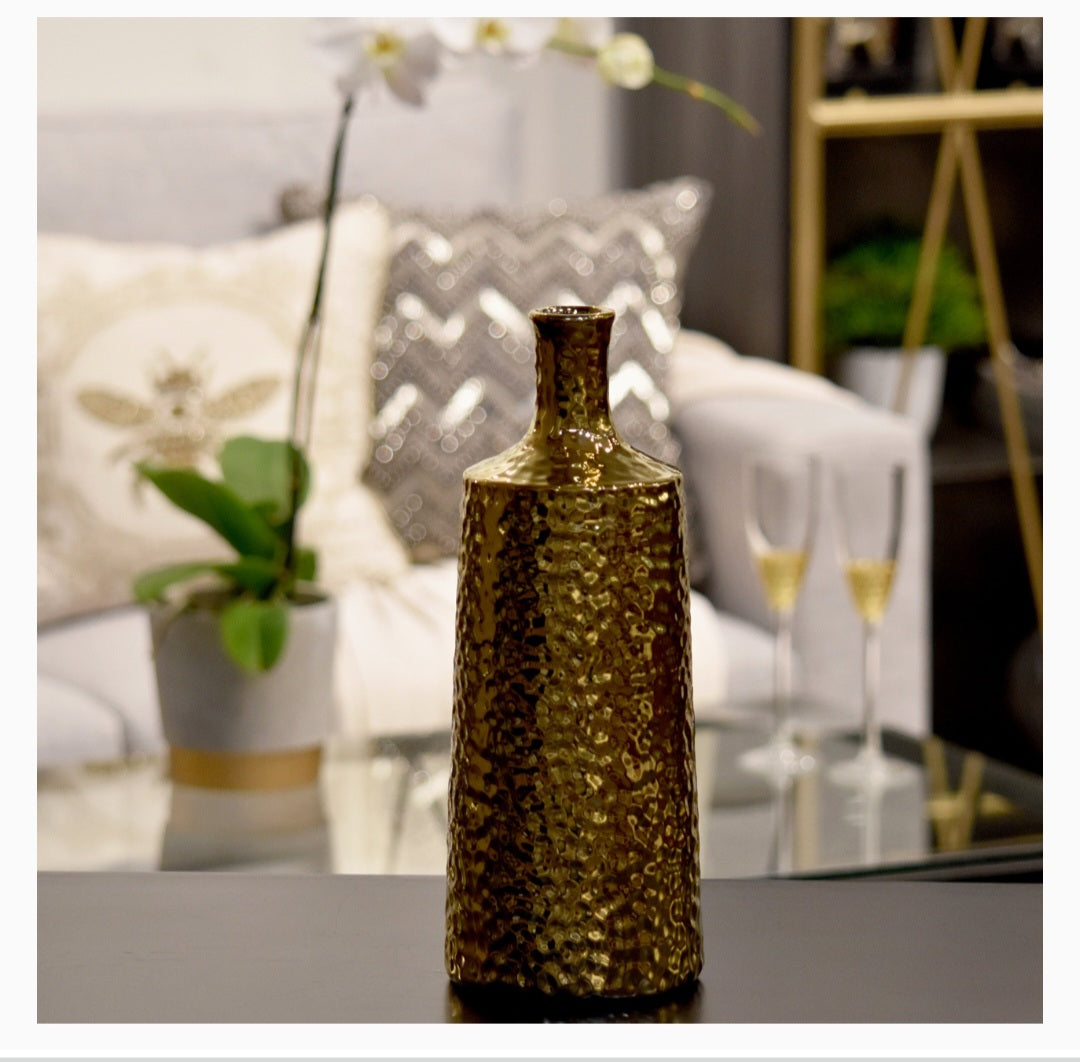 Gold Ceramic Hammered Electroplated Finish Vase